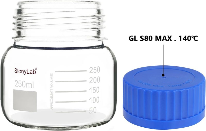 stonylab Graduated Storage Bottle, Premium Glass Round Bottom Reagent Bottle with GL80 Screw Cap, High Transparency Wide Mouth Media Storage Bottle with Clear Scale, 250 ml - Image 3
